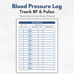 May include: A white blood pressure log sheet with blue text and boxes. The title reads "Blood Pressure Log Track BP & Pulse Daily Monitoring Made Simple." The log includes sections for date, time, blood pressure, pulse, and symptoms.