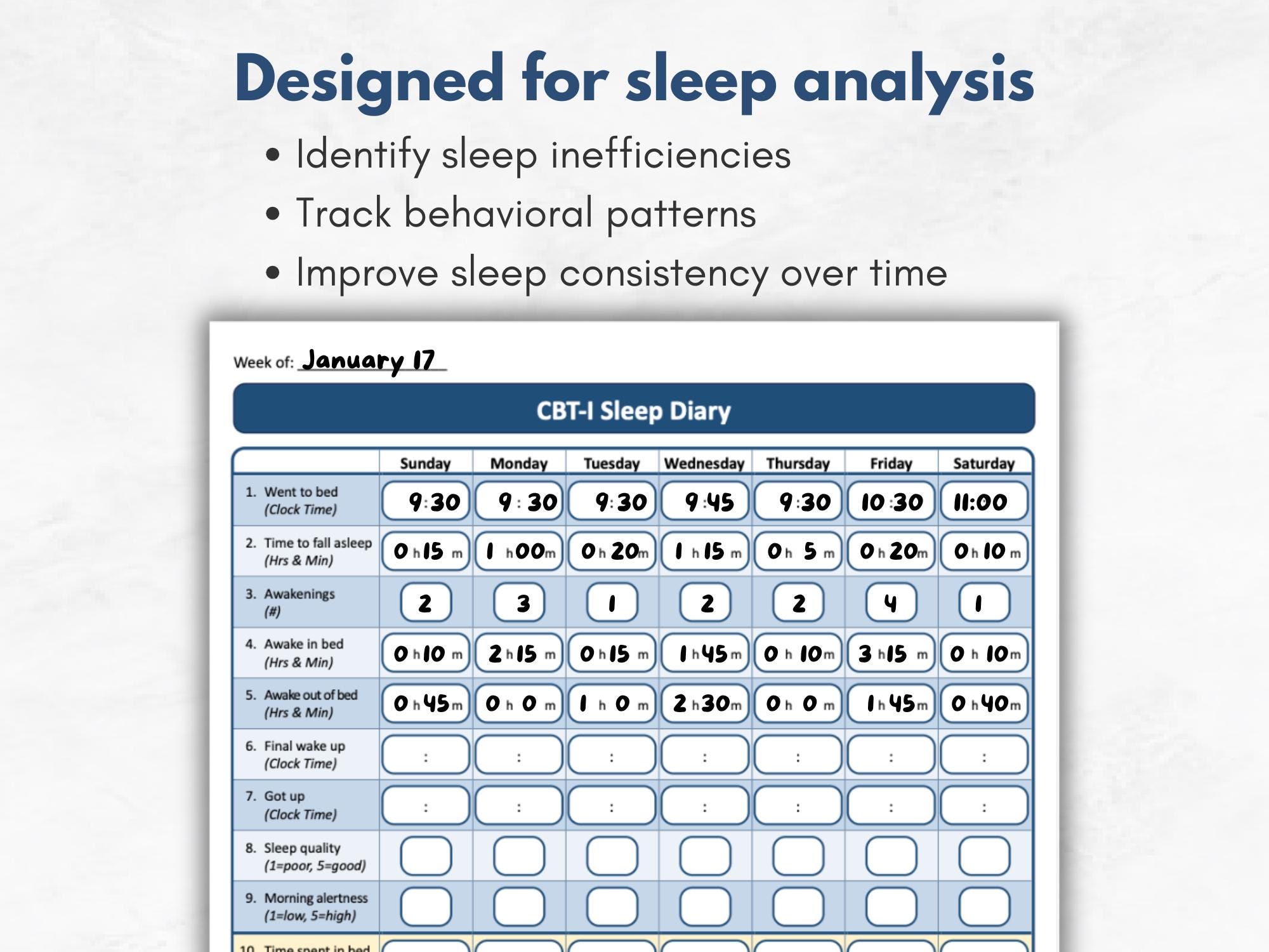 CBT-I Sleep Diary Printable | Insomnia Sleep Efficiency Log & Sleep ...