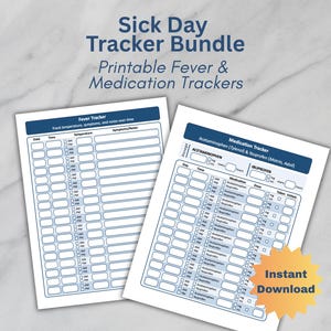 Può includere: Due tracker stampabili per il monitoraggio dei sintomi della malattia e dei farmaci. Il primo tracker è intitolato "Fever Tracker" e il secondo "Medication Tracker". I tracker hanno bordi blu e il testo "Instant Download" è su una stella gialla.