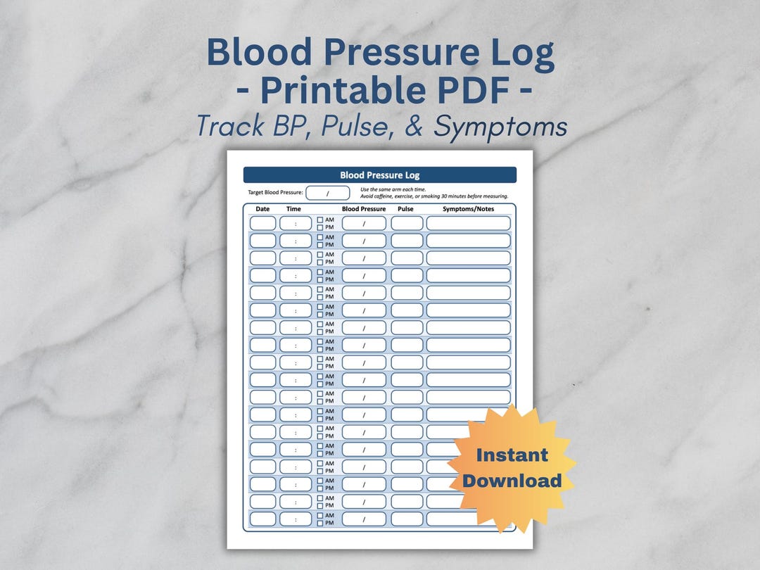 Blood Pressure Log Printable, BP Tracker PDF, Blood Pressure Chart ...