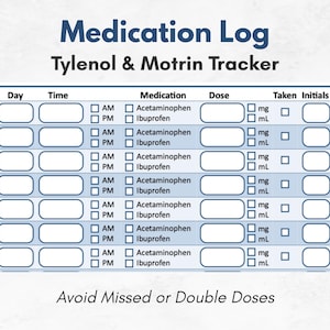 Può includere: Un registro dei farmaci intitolato "Medication Log Tylenol & Motrin Tracker". Il registro include sezioni per giorno, ora, farmaco, dose e iniziali. Ci sono spazi per Acetaminophen e Ibuprofen. Il testo "Avoid Missed or Double Doses" è in basso.