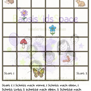 Puede incluir: Una hoja de actividades para niños con una cuadrícula, que presenta ilustraciones de un erizo, un conejo, flores, una seta, una mariposa y caras de niños. El texto "FINDE DEN WEG - Folge den Anleitungen" está en la parte superior, con instrucciones debajo.