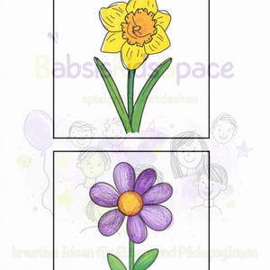 Può includere: Due illustrazioni floreali. L'immagine in alto presenta un narciso giallo con centro arancione e stelo verde. L'immagine in basso mostra un fiore viola con centro arancione e stelo verde. È visibile del testo in tedesco.