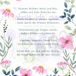 Könnte beinhalten: Ein Aquarelldruck mit rosa Blumen und grünen Blättern, die ein deutsches Gedicht umrahmen. Der Text beschreibt die Natur, Schmetterlinge und die Welt der Kinder. Das Wort "dahsiskidspace" ist ebenfalls sichtbar.