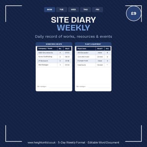 Può includere: Un modello di diario di cantiere settimanale blu scuro con testo e tabelle bianche. Il titolo "SITE DIARY WEEKLY" è visualizzato in modo prominente. Il modello include sezioni per la forza lavoro e le attrezzature.