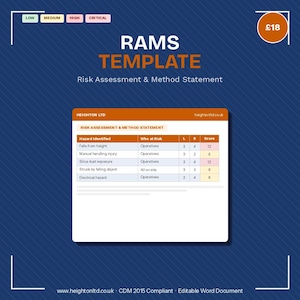 May include: A RAMS template document titled "Risk Assessment & Method Statement". The document features a table detailing hazard identification and risk assessment. The background is a dark blue with a price tag.