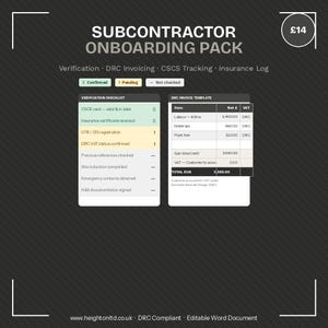 Subcontractor Onboarding Pack UK | Verification Checklist DRC Invoice CSCS Log Insurance Tracker | Construction Word