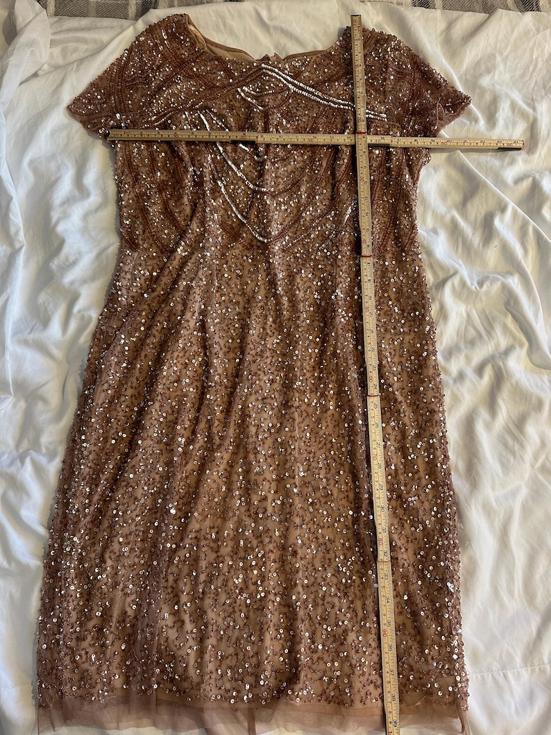 Puede incluir: Un vestido de lentejuelas en color oro rosa con mangas cortas y cuello redondo, que presenta un intrincado trabajo de cuentas con un patr&oacute;n geom&eacute;trico en el corpi&ntilde;o. Una regla de madera mide 56 cm de ancho sobre el pecho y el largo.