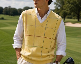Chaleco de punto vintage Alan Flusser para hombre, talla XL, color amarillo, algodón, estampado de rombos, estilo preppy.