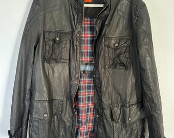 Giacca arancione Hugo Boss da uomo, taglia 44R XL, in pelle di capra nera effetto invecchiato, stile vintage.