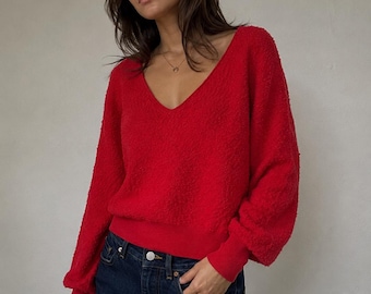 Suéter corto de punto boho rojo Free People, talla S, SP, tejido texturizado, jersey boho
