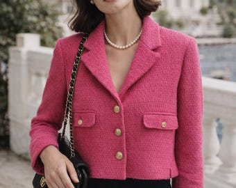 Vintage Style Pink Tweed Blazer Gold Buttons – Chanel Inspired Jacket – Retro Paris Chic Womens US 8 UK 12 Classic Elegant Coat