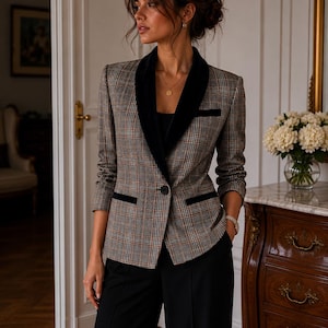 May include: A plaid blazer with a black velvet collar and trim, paired with black trousers. The blazer features a brown, gray, and orange check pattern. The outfit is a classic, tailored look.