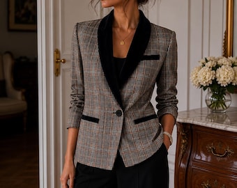 Free People Plaid Double Breasted Blazer XS Velvet Collar Preppy Old Money Jacket