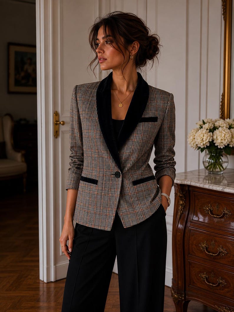 May include: A plaid blazer with a black velvet collar and trim, paired with black trousers. The blazer features a brown, gray, and orange check pattern. The outfit is a classic, tailored look.
