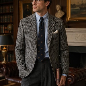 Könnte beinhalten: Ein Mann in einem Hahnentritt-Blazer, einem hellblauen Hemd und einer gemusterten Krawatte. Er trägt eine dunkle Hose und eine Brille. Er hält ein Buch in einer Bibliothek, mit Bücherregalen und Gemälden im Hintergrund.