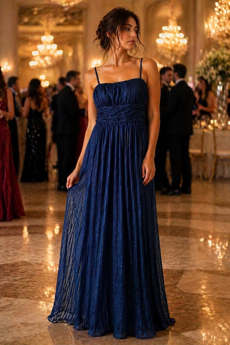 Peut inclure: Une robe de soir&eacute;e bleu marine avec de fines bretelles et un corsage pliss&eacute;. La robe longue pr&eacute;sente une taille cintr&eacute;e et une jupe fluide. Le tissu a un &eacute;clat subtil, et la robe est port&eacute;e lors d'un &eacute;v&eacute;nement formel.