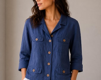Camicia Merona 100% lino blu con bottoni frontali, maniche lunghe, modello utility da donna, taglia L