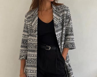 Vintage Nine West Silk Tribal Long Blazer Jacket Womens 1X Boho Aztec
