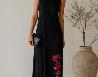 100 % soie vintage Valerie Stevens Petites - Robe longue noire noire à accent floral PM 90