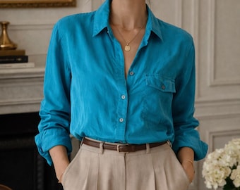 Vintage 90s/Y2K The Limited 100% Silk Blouse Women’s L Blue Button Up Shirt