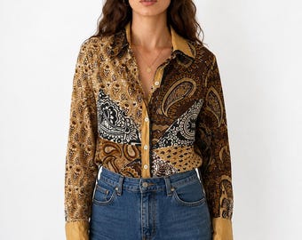 Vintage 1960s Vera Neumann Silk Paisley Patchwork Boho Blouse Womens M Size 10