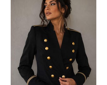 Romeo + Juliet Couture Military Blazer Black Gold Button Jacket Dames M