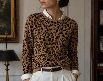 J.Crew 100% Cashmere Leopard Print Sweater Women's S Tan Black Crew Neck Soft Luxury Knit
