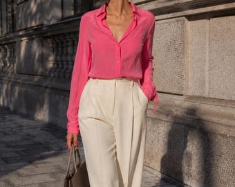 Camicetta rosa 100% seta con bottoni sul davanti, maniche lunghe, polsini con laccetti, top trasparente da donna, taglia M