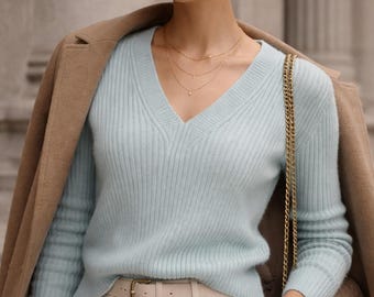 Ann Taylor Angora Wool Blend Sweater Blue Ribbed V Neck Classic Soft Womens XS