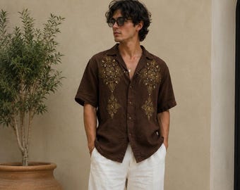 Camicia da uomo vintage Y2K GB Collection 100% lino marrone ricamata, taglia 2XL, stile boho.