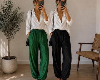 Completo vintage di pantaloni da casa in 100% seta, verde e nero, Casanova, Italia, foderati, taglia L.