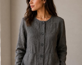 Giacca-camicia Tamotsu New York 100% lino grigia da donna, taglia 6, con bottoni frontali, prodotta negli Stati Uniti.