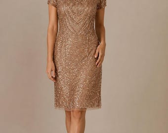 Abito da cocktail Adrianna Papell color oro e beige con paillettes e perline, taglia 16 L, stile Art Déco.