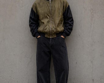 100% Silk Vintage Protest Bomber Jacket XL Oversized Olive Green Black Luxury Y2K 90's