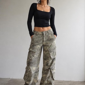 Manière De Voir Tactical Cargo Pants Women’s S Grey Camo Utility Trousers Streetwear Military Goth Y2K image 1