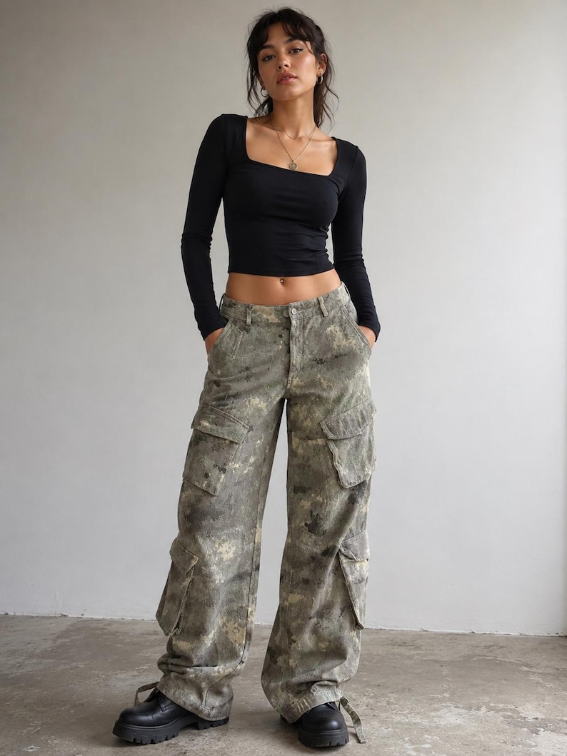 Manière De Voir Tactical Cargo Pants Women’s S Grey Camo Utility Trousers Streetwear Military Goth Y2K image 1