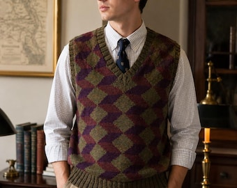 Gilet da uomo Jeffrey Banks in maglia 100% lana, taglia L, prodotto negli Stati Uniti, con motivo a rombi, vintage.