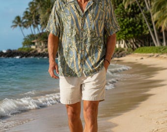 Camicia hawaiana Jamaica Jaxx 100% seta da uomo, taglia M, stampa bambù, blu, Camp Aloha Resort