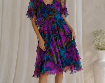 Abito vintage Ann Hobbs per Cattiva con volant floreali, viola, blu, trasparente, romantico, taglia M