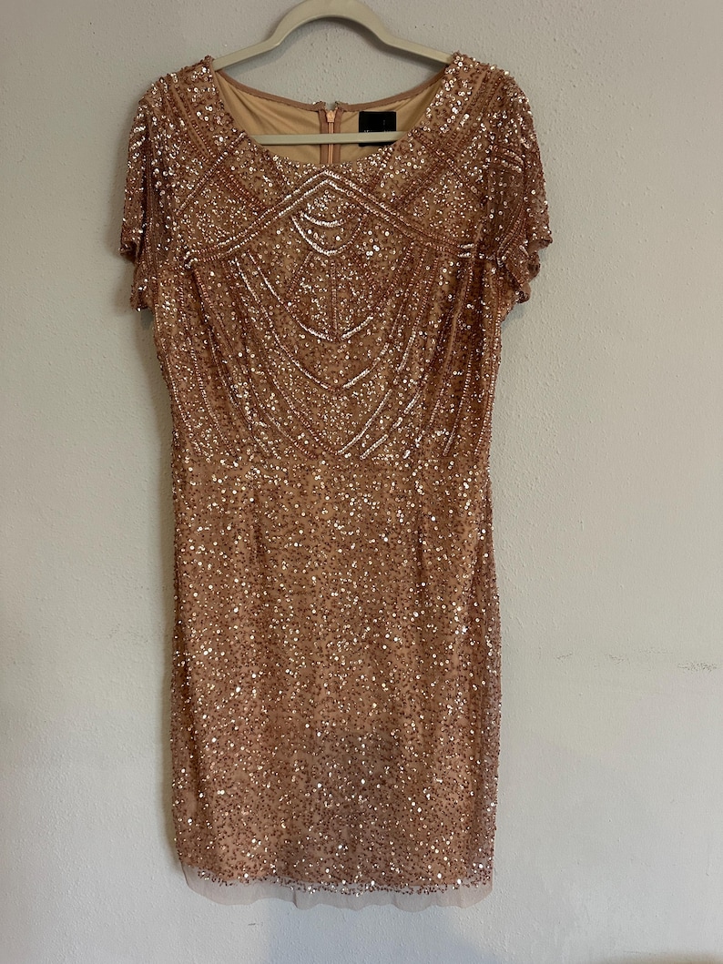 Puede incluir: Un vestido de lentejuelas en color oro rosa con mangas cortas, cuello redondo y un patr&oacute;n geom&eacute;trico de cuentas en el corpi&ntilde;o. La prenda est&aacute; completamente cubierta de lentejuelas brillantes e incluye un forro beige con una cremallera visible.
