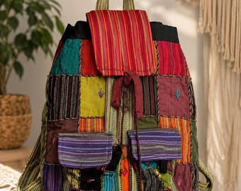 Handmade Nepal Patchwork Backpack Boho Hippie Festival Cotton Backpack Colorful Ethnic Travel Bag