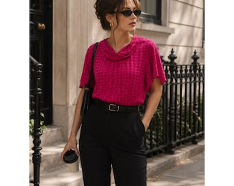 Vintage 100% Silk Pink Houndstooth Blouse Top M Draped Cowl Neck Quiet Luxury