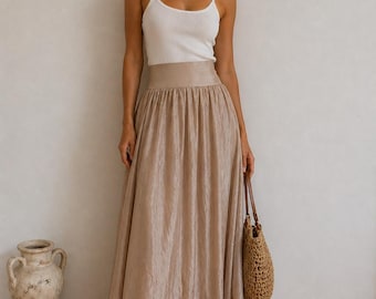 Jupe longue en soie italienne GIUSY Fabriquée en Italie Beige fluide taille haute taille S