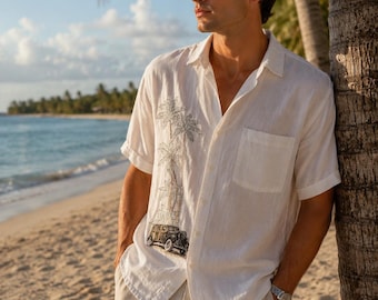 Camicia da uomo Cubavera in misto lino, taglia XL, bianca, con ricamo di palma, lusso