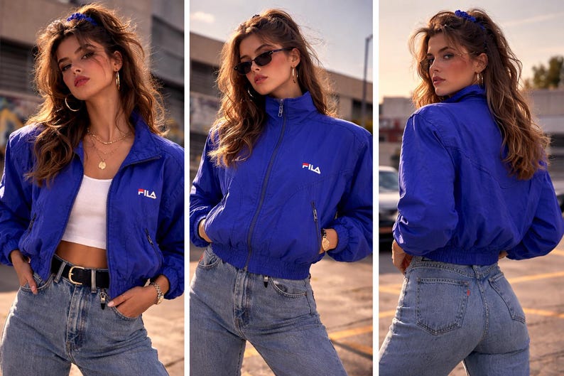 May include: A vibrant blue FILA track jacket with a high collar and white logo, worn with light wash denim jeans. The jacket features a zip-up front and elasticated cuffs. The model is wearing a black belt and gold jewellery.