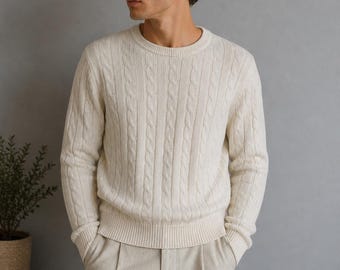 IZOD Cream Cable Knit Sweater – Cotton Blend Crewneck, Vintage Style M