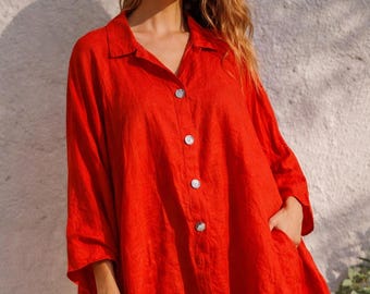 赤いリネンのチュニックシャツ：ウエストラブ ロサンゼルス オーバーサイズ ボヘミアン ブラウス XL