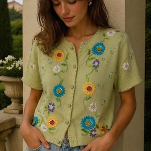 VTG BEREK 2 Takako Sakon Perlen Floral Cardigan Grün Gestickt Frauen M Boho