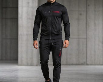 Men Black Tracksuit Set Slim Fit Zipper Jacket Joggers Sportswear Gym Outfit Activewear